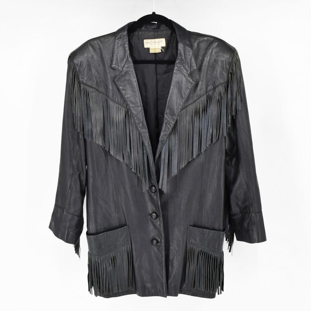 NANCY HELLER Leather Vintage Black Fringe Leather Blazer Jacket